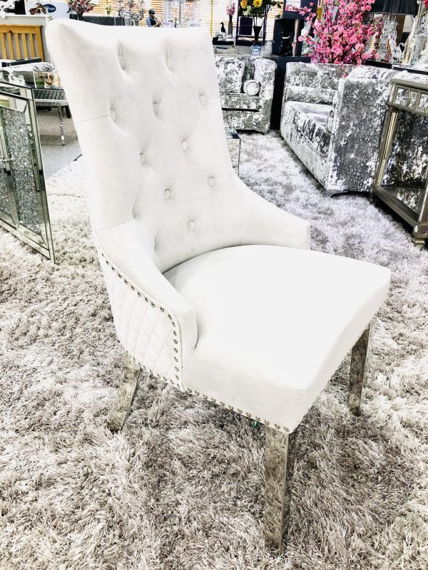 Majestic Lion Knocker Quilted Tufted Plush Velvet Dining Chair Chrome Legs - 10 Colours - Belmont Interiors