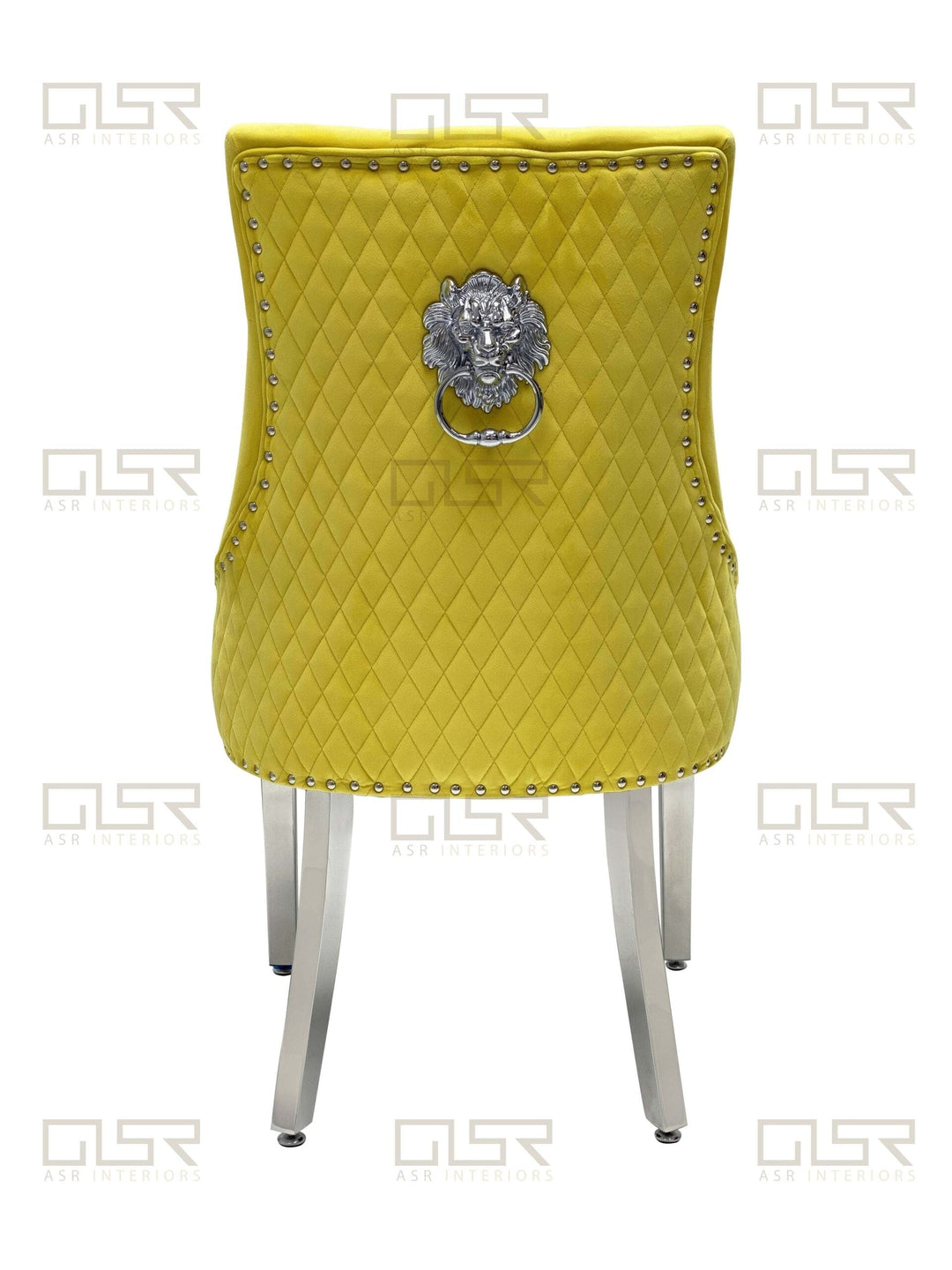 Majestic Lion Knocker Quilted Tufted Plush Velvet Dining Chair Chrome Legs - 10 Colours - Belmont Interiors