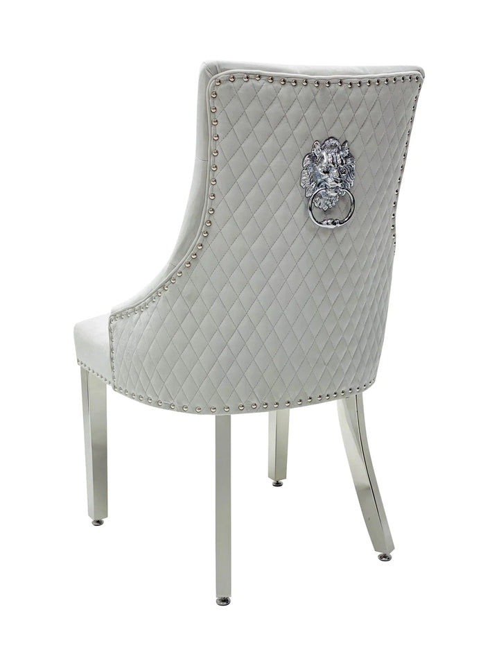 Majestic Lion Knocker Quilted Tufted Plush Velvet Dining Chair Chrome Legs - 10 Colours - Belmont Interiors