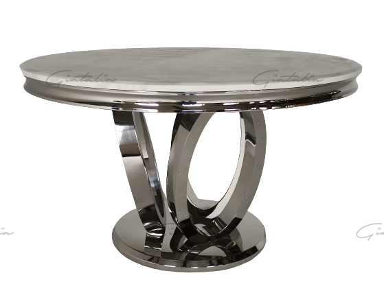 Halo 130CM White Marble & Chrome Round Oval Dining Table - Belmont Interiors