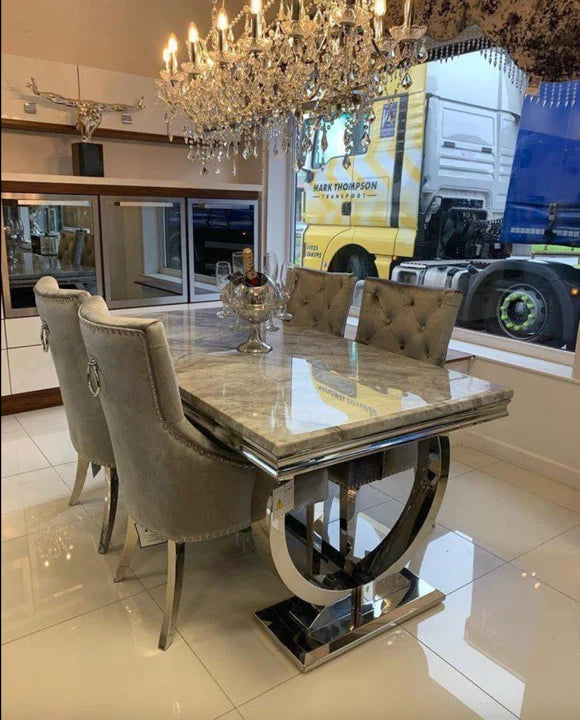 Arianna Grey Marble 150CM Dining Table + Knightsbridge Plush Velvet Dining Chairs - Belmont Interiors