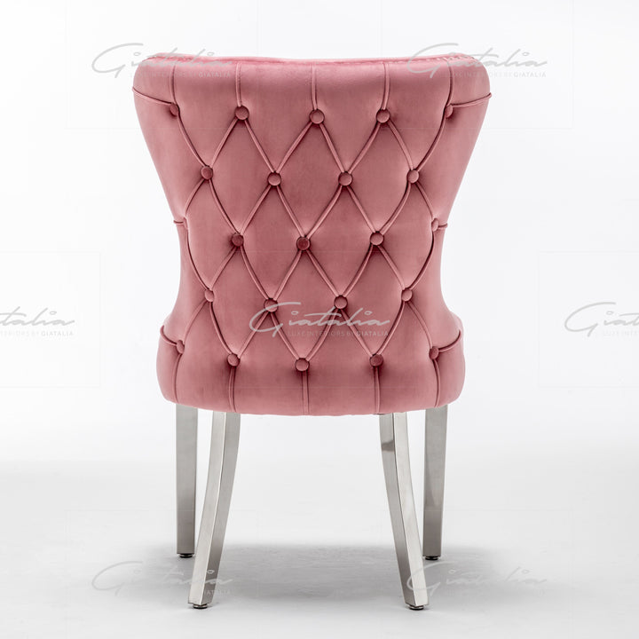 Florence Blush Pink French Plush Velvet Button Back Dining Chair With Chrome Legs-Kitchen & Dining Room Chairs-ASR-Belmont Interiors