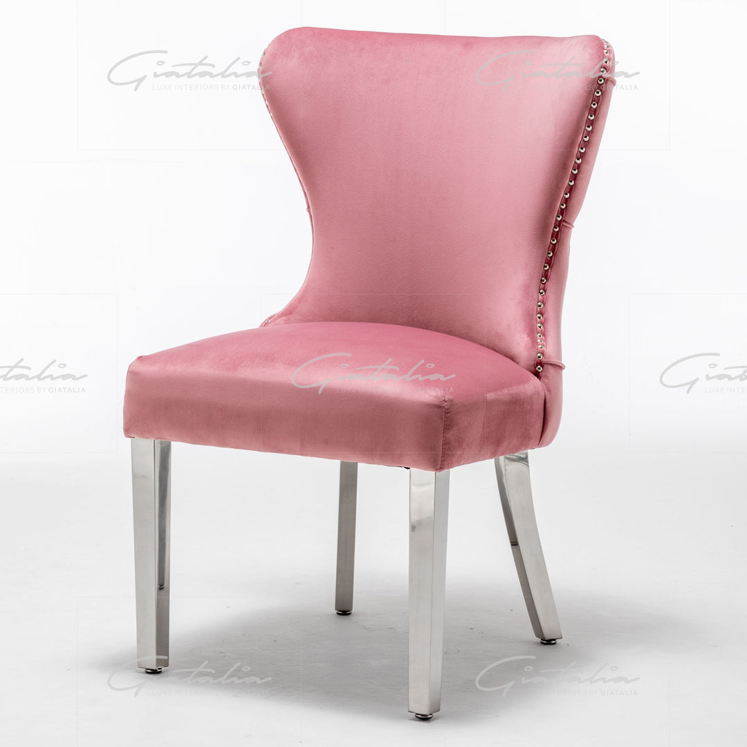 Florence Blush Pink French Plush Velvet Button Back Dining Chair With Chrome Legs-Kitchen & Dining Room Chairs-ASR-Belmont Interiors