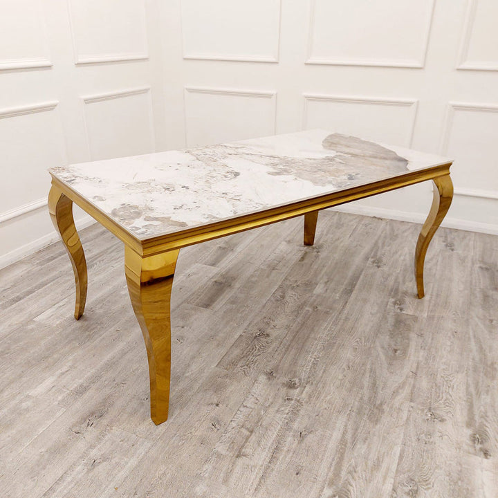 Louis Gold Pandora Gold Sintered Stone Dining Table With Gold Lion Knocker Dining Chairs - Belmont Interiors