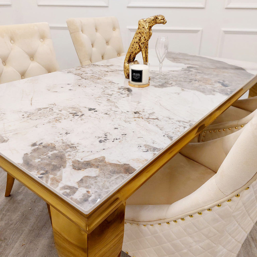 Louis Gold Pandora Gold Sintered Stone Dining Table With Gold Lion Knocker Dining Chairs - Belmont Interiors