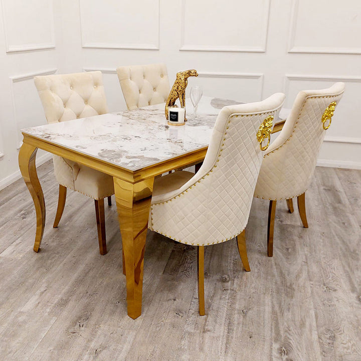 Louis Gold Pandora Gold Sintered Stone Dining Table With Gold Lion Knocker Dining Chairs - Belmont Interiors