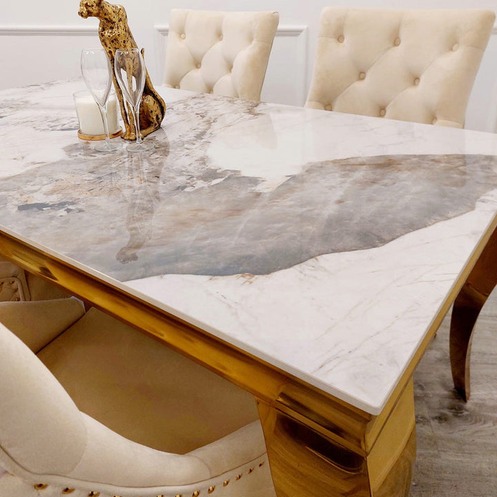 Louis Gold Pandora Gold Sintered Stone Dining Table With Shimmer Gold Lion Knocker Dining Chairs - Belmont Interiors