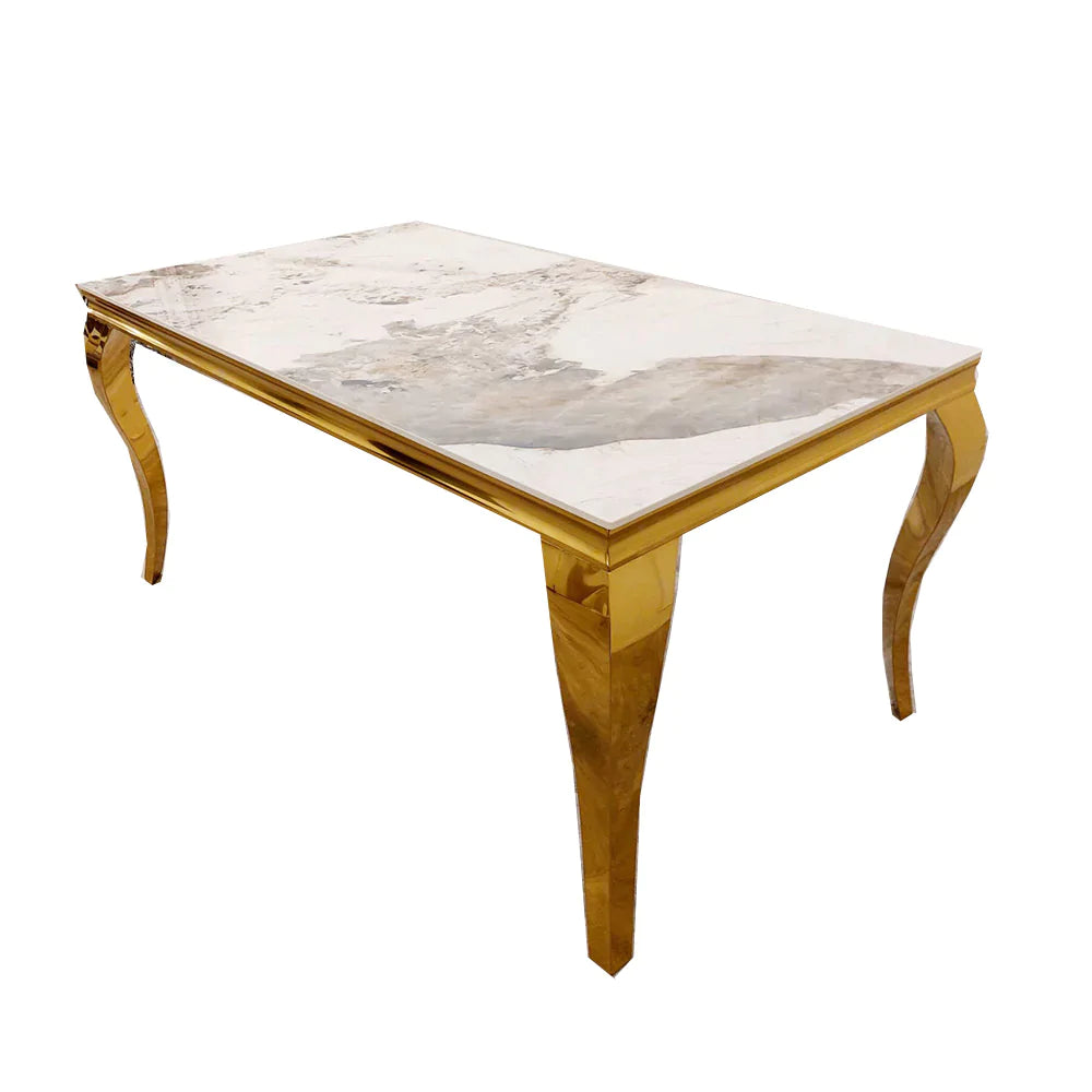 Louis Gold Pandora Gold Sintered Stone Dining Table With Shimmer Gold Lion Knocker Dining Chairs - Belmont Interiors