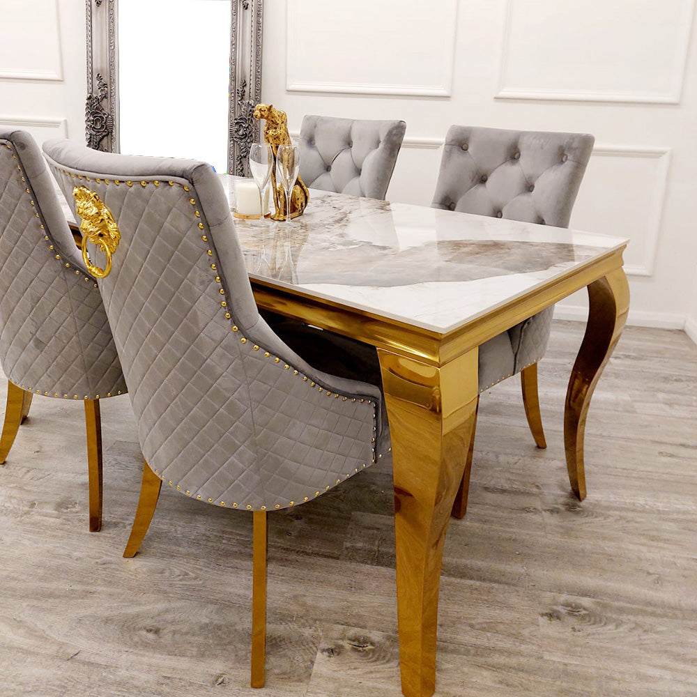 Louis Gold Pandora Gold Sintered Stone Dining Table With Gold Lion Knocker Dining Chairs - Belmont Interiors