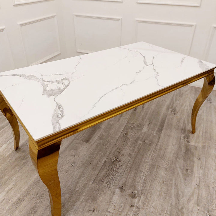 Louis Gold Polar White Sintered Stone Dining Table With Gold Lion Knocker Dining Chairs - Belmont Interiors