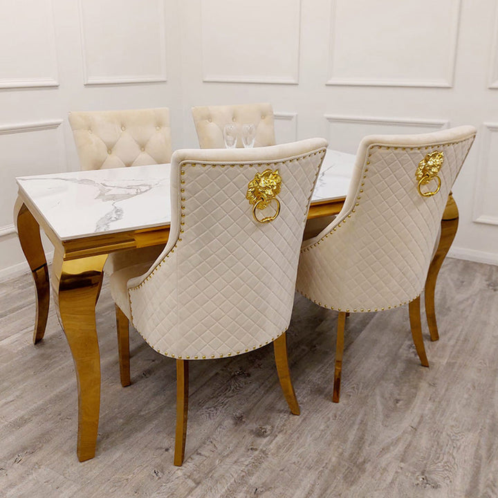 Louis Gold Polar White Sintered Stone Dining Table With Gold Lion Knocker Dining Chairs - Belmont Interiors