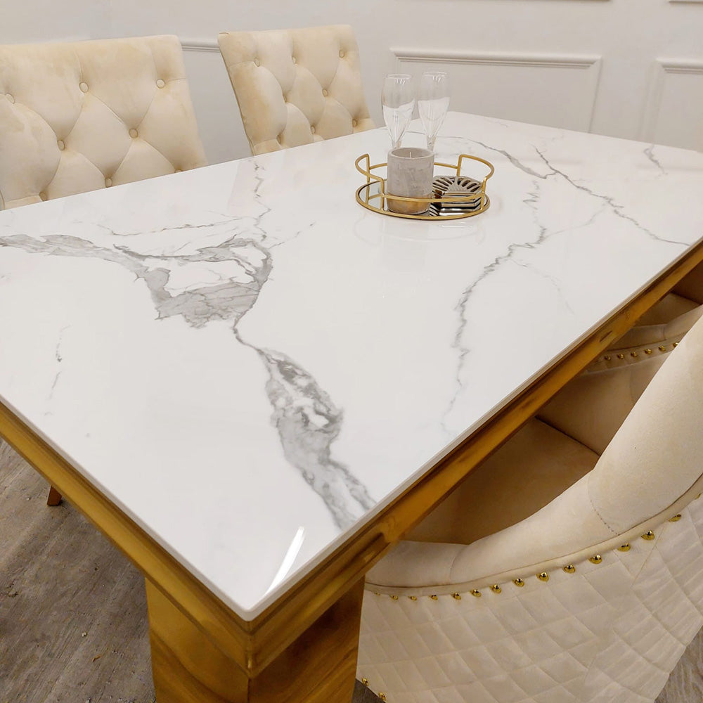 Louis Gold Polar White Sintered Stone Dining Table With Gold Lion Knocker Dining Chairs - Belmont Interiors