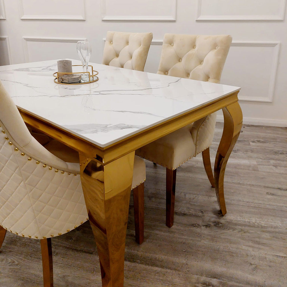 Louis Gold Polar White Sintered Stone Dining Table With Gold Lion Knocker Dining Chairs - Belmont Interiors