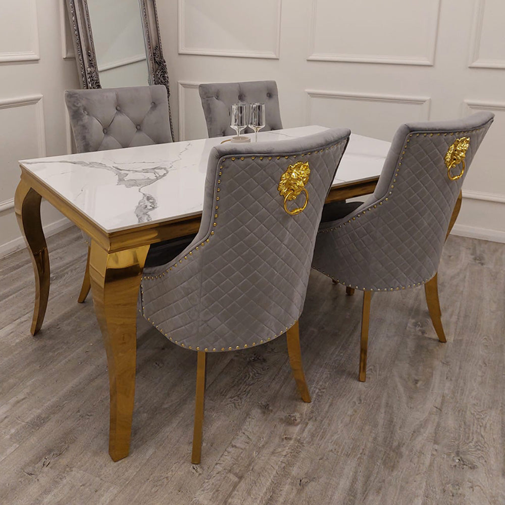 Louis Gold Polar White Sintered Stone Dining Table With Gold Lion Knocker Dining Chairs - Belmont Interiors