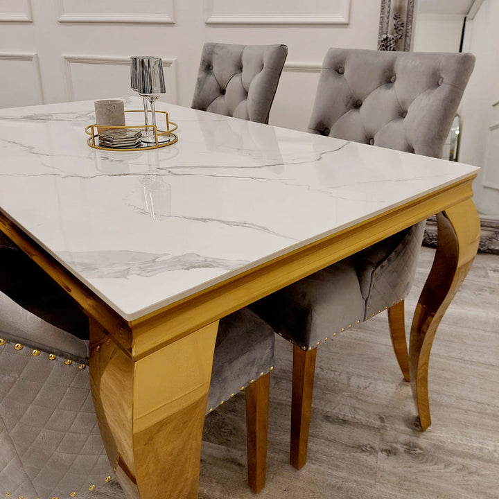 Louis Gold Polar White Sintered Stone Dining Table With Gold Lion Knocker Dining Chairs - Belmont Interiors