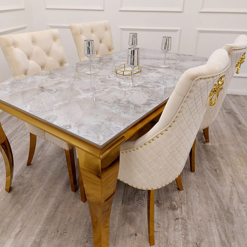 Louis Gold Ash Grey Sintered Stone Dining Table With Gold Lion Knocker Dining Chairs - Belmont Interiors