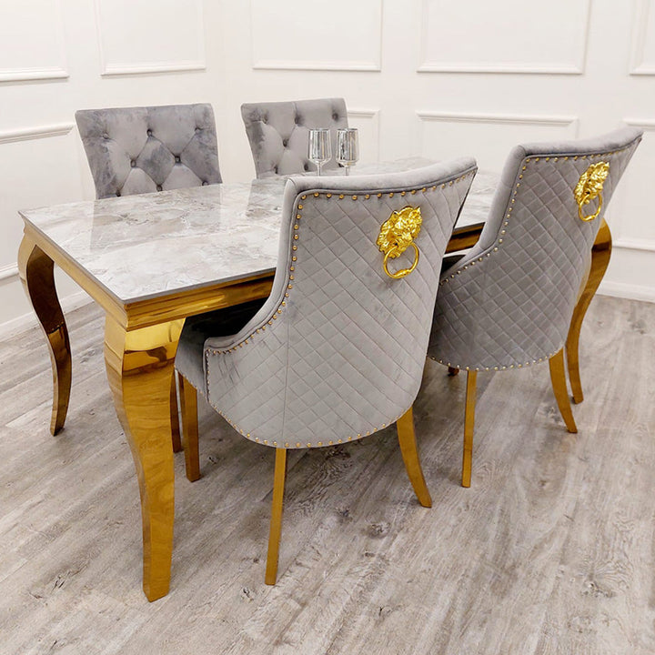 Louis Gold Ash Grey Sintered Stone Dining Table With Gold Lion Knocker Dining Chairs - Belmont Interiors