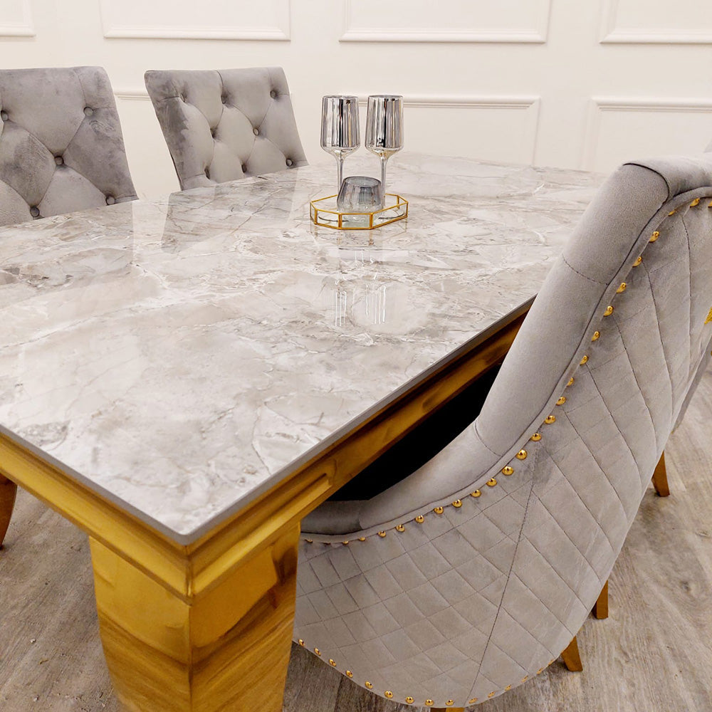 Louis Gold Ash Grey Sintered Stone Dining Table With Gold Lion Knocker Dining Chairs - Belmont Interiors