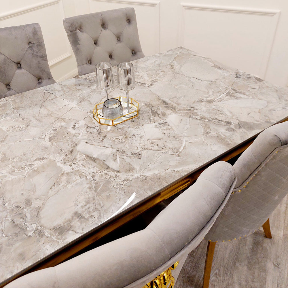 Louis Gold Ash Grey Sintered Stone Dining Table With Gold Lion Knocker Dining Chairs - Belmont Interiors