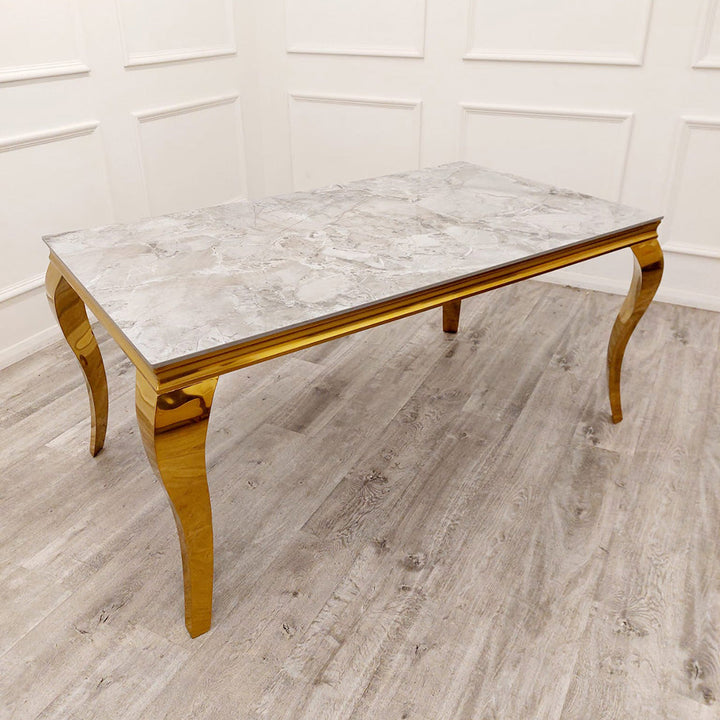 Louis Gold Ash Grey Sintered Stone Dining Table With Gold Lion Knocker Dining Chairs - Belmont Interiors