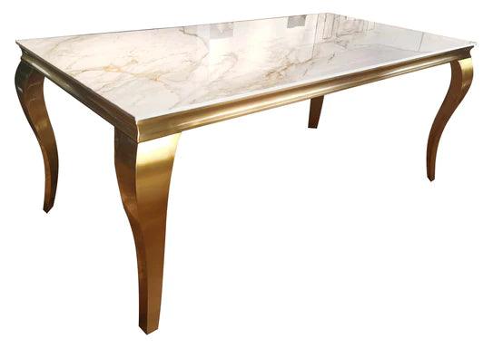 Louis Gold & White Marble Dining Table With Cream & Gold Lion Knocker Button Back Dining Chairs - Belmont Interiors