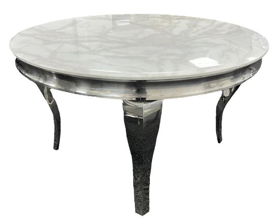 Louis White Marble 130cm Round Dining Table + Lucy Grey Lion Knocker Plush Velvet Chairs - Belmont Interiors