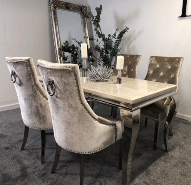 Louis 160cm Cream Marble Dining Table + Belle Plush Velvet Chairs - Belmont Interiors