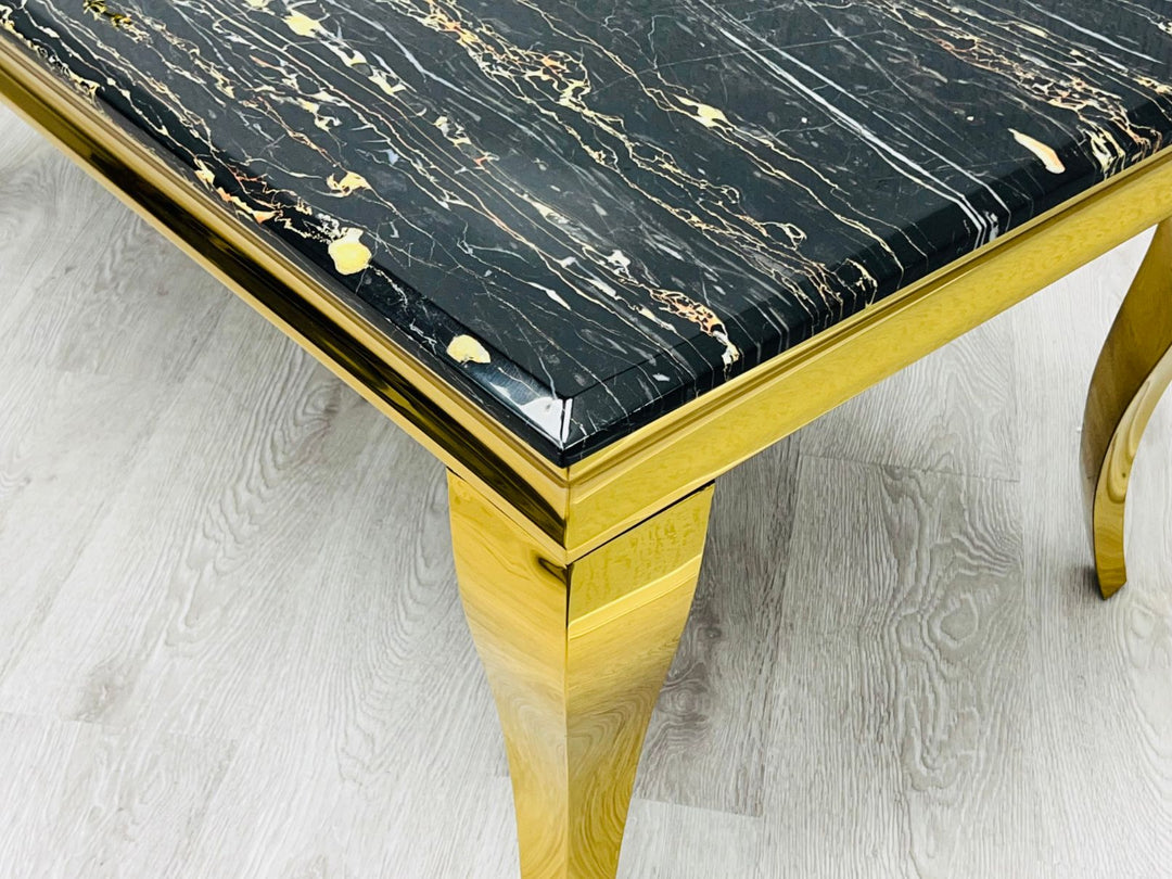 Louis Gold Black Marble Dining Table With Shimmer Black / Gold Ring Knocker Dining Chairs - Belmont Interiors