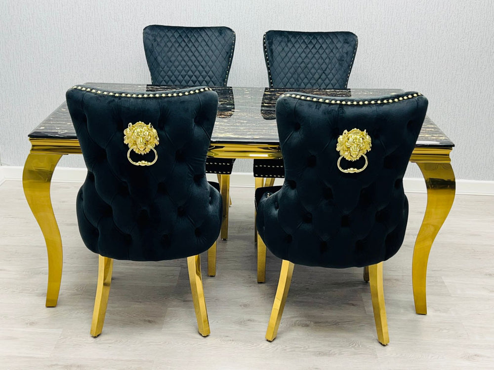 Louis Gold Black Marble Dining Table With Shimmer Black / Gold Lion Knocker Dining Chairs - Belmont Interiors