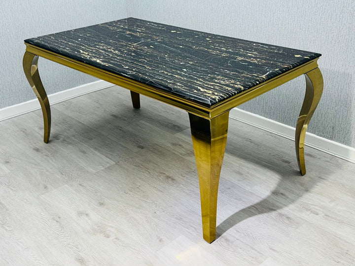 Louis Gold Black Marble Dining Table With Shimmer Black / Gold Lion Knocker Dining Chairs - Belmont Interiors