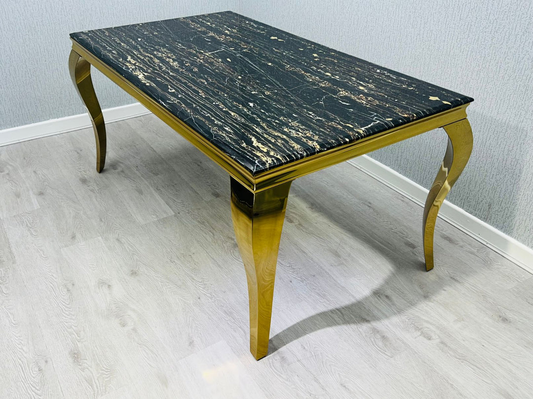 Louis Gold Black Marble Dining Table With Shimmer Black / Gold Lion Knocker Dining Chairs - Belmont Interiors