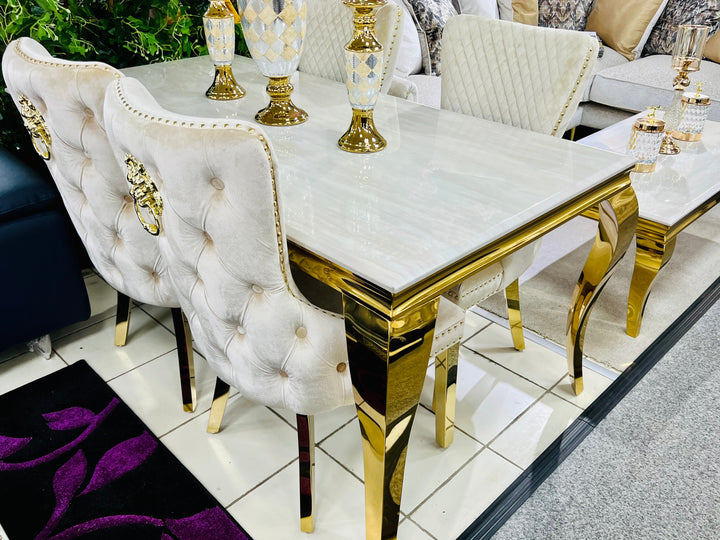 Louis Gold & Cream Marble Dining Table In 5 Sizes - Belmont Interiors