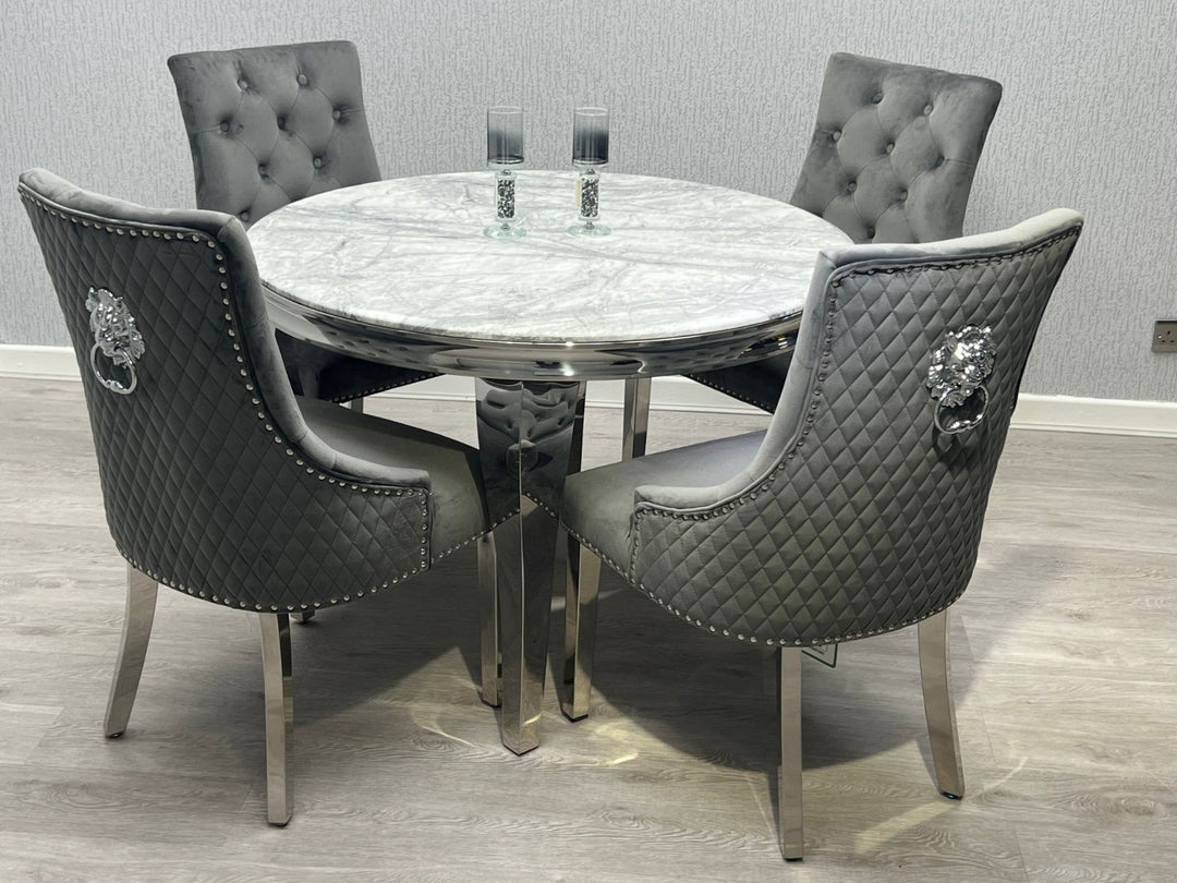 Louis Grey Round 110cm Marble Dining Table + Grey Lion Knocker Velvet Dining Chairs - Belmont Interiors