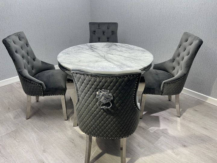 Louis Grey Round 110cm Marble Dining Table + Grey Lion Knocker Velvet Dining Chairs - Belmont Interiors