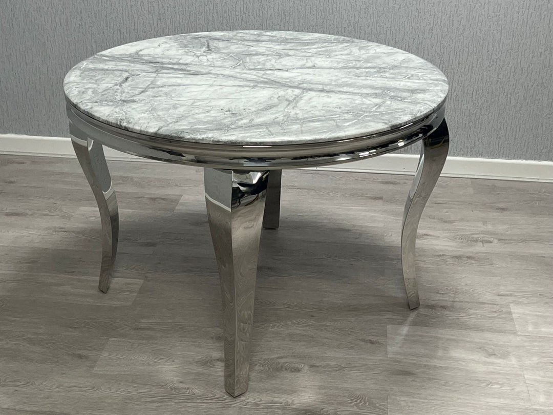 Louis Grey Round 110cm Marble Dining Table + Grey Lion Knocker PU Leather Dining Chairs - Belmont Interiors