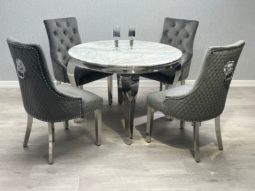 Louis Grey Round 110cm Marble Dining Table + Grey Lion Knocker Velvet Dining Chairs - Belmont Interiors