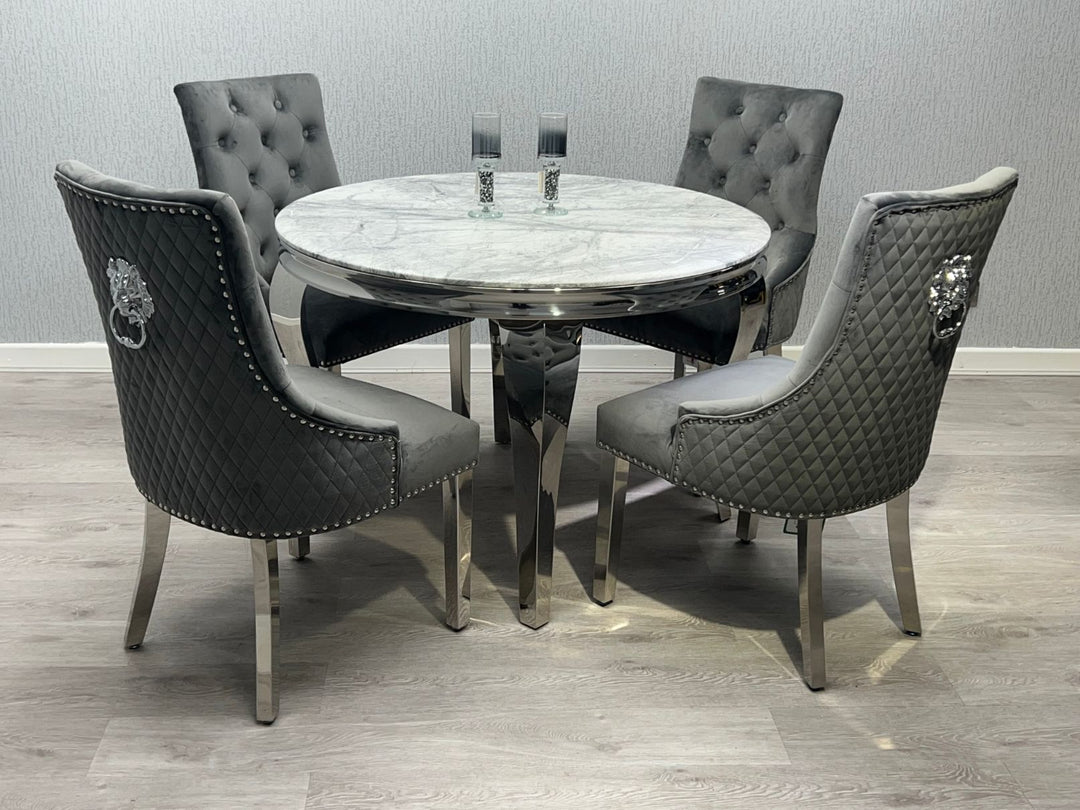 Louis Grey Round 110cm Marble Dining Table + Grey Lion Knocker Velvet Dining Chairs - Belmont Interiors