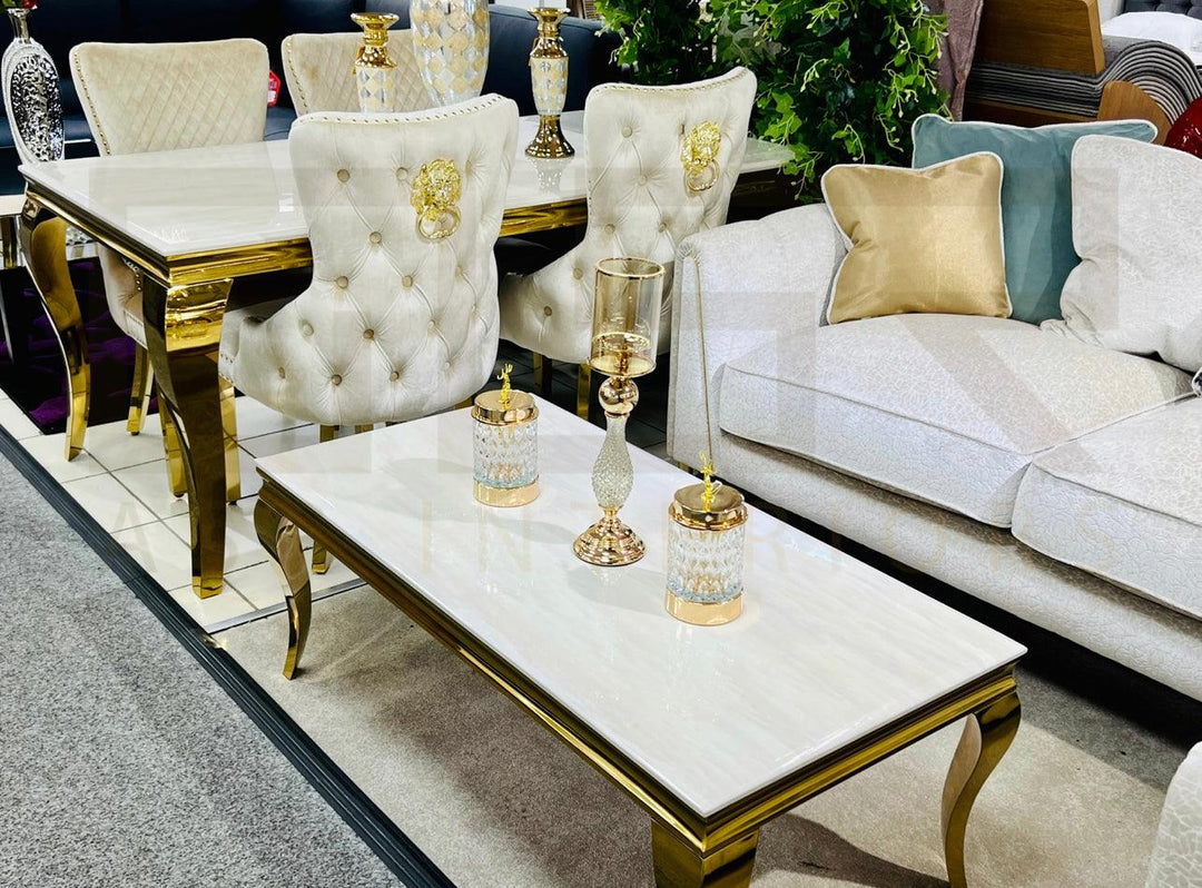 Louis 120cm Cream & Gold Marble Dining Table + Valente Cream Gold Lion Knocker Velvet Chairs - Belmont Interiors