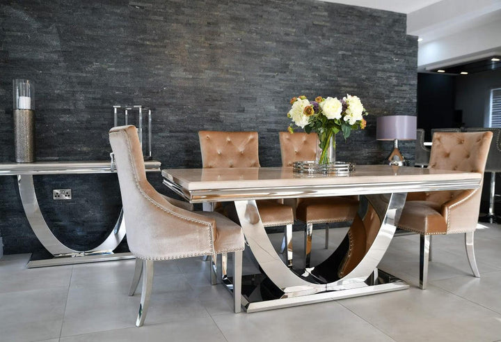 Arial 200cm Cream Marble Dining Table + Champagne Knocker Plush Velvet Chairs - Belmont Interiors