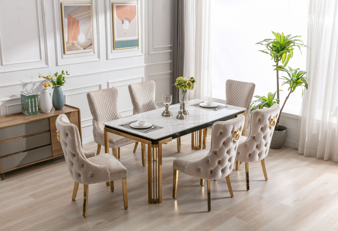 Sorrento 150cm Gold Dining Table with White Ceramic Marble Top + Cream/Gold Ring Knocker Velvet Chairs - Belmont Interiors