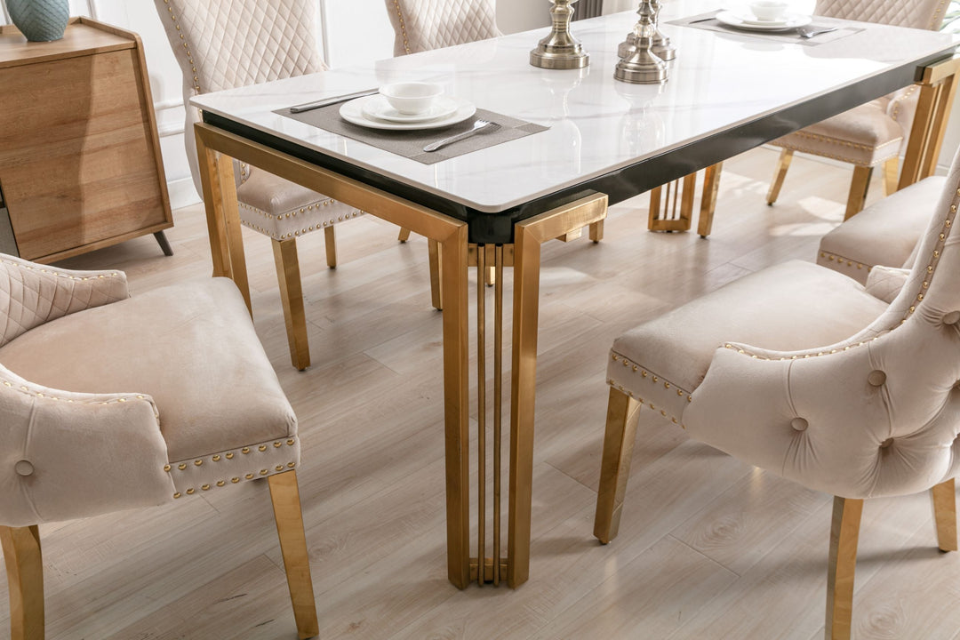 Sorrento 150cm Gold Dining Table with White Ceramic Marble Top + Cream/Gold Ring Knocker Velvet Chairs - Belmont Interiors