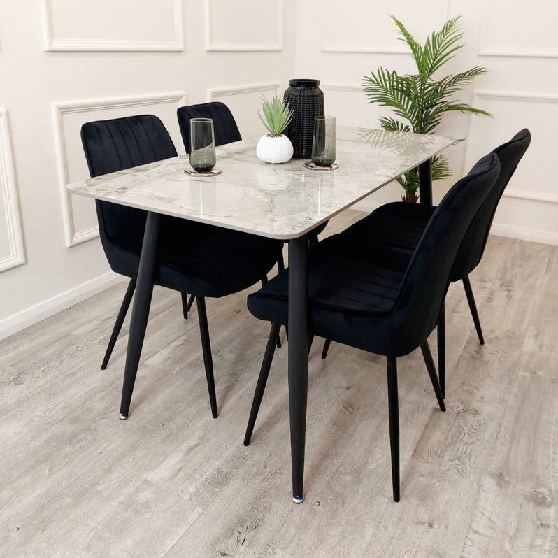 Titus 140cm Black Dining Table with Sintered Ceramic Stone Top + Dido Black Velvet Dining Chairs - Belmont Interiors