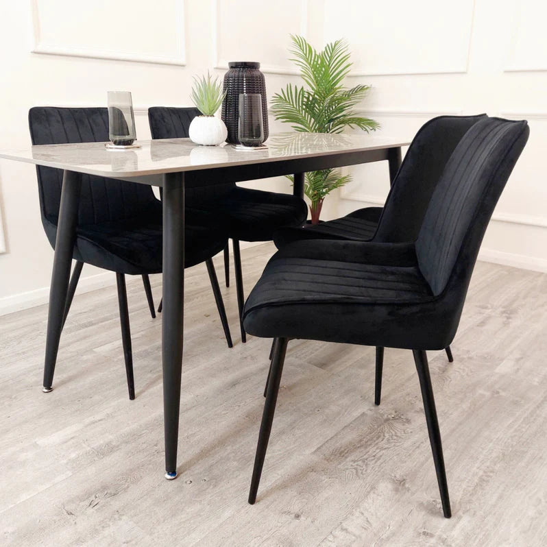 Titus 140cm Black Dining Table with Sintered Ceramic Stone Top + Dido Black Velvet Dining Chairs - Belmont Interiors