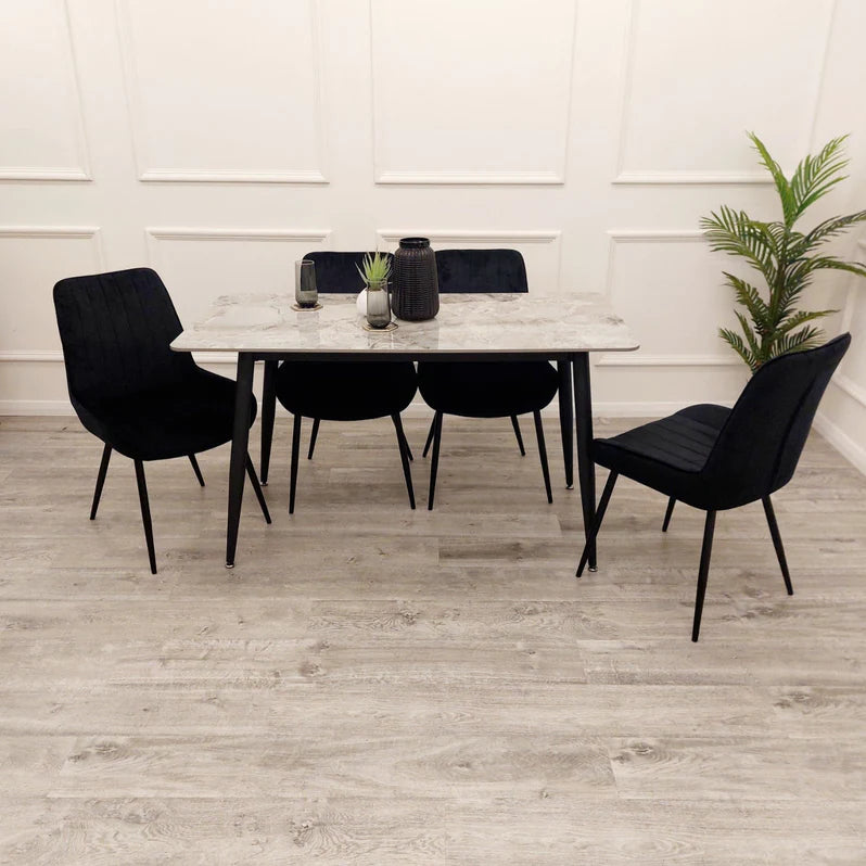 Titus 140cm Black Dining Table with Sintered Ceramic Stone Top + Dido Black Velvet Dining Chairs - Belmont Interiors