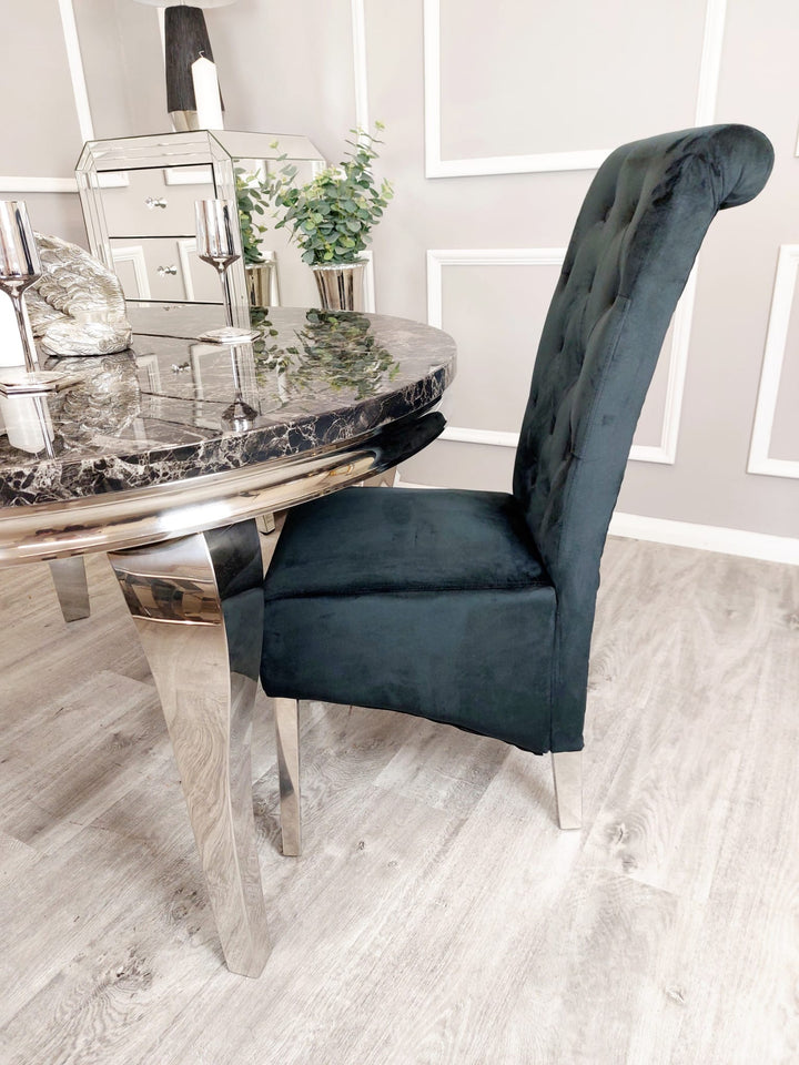 Louis Black Marble 130cm Round Dining Table With Lucy Black Lion Knocker Plush Velvet Chairs - Belmont Interiors