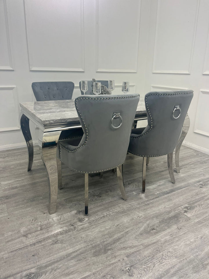 Louis Marble & Chrome Dining Table With Megan Chrome Ring Knocker Velvet Chairs - Belmont Interiors