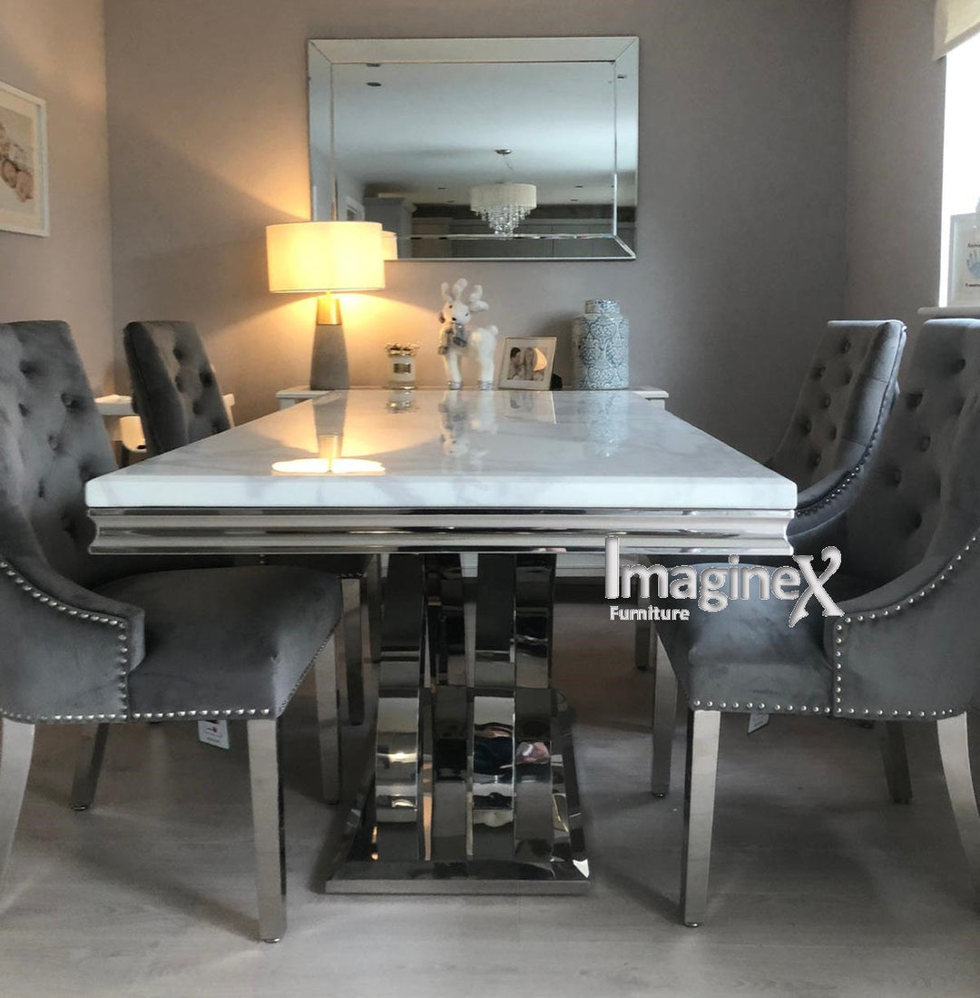 Ottavia White Marble 180CM Dining Table + Knightsbridge Chrome Knocker Plush Velvet Dining Chairs - Belmont Interiors