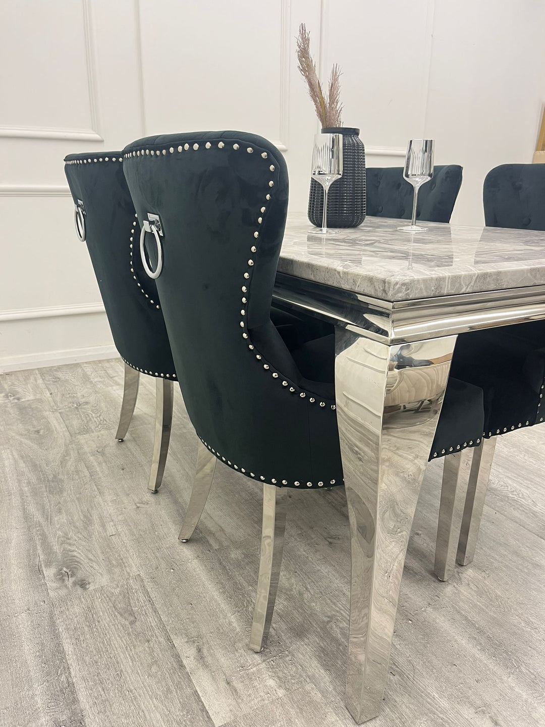 Louis Marble & Chrome Dining Table With Megan Chrome Ring Knocker Velvet Chairs - Belmont Interiors