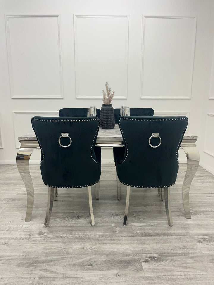 Louis Marble & Chrome Dining Table With Megan Chrome Ring Knocker Velvet Chairs - Belmont Interiors