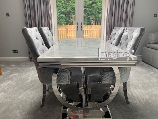 Arianna White Marble 200CM Dining Table + Valente Lion Knocker Velvet Chairs - Belmont Interiors